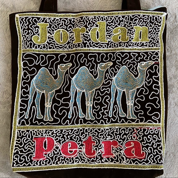 Petra Jordan Embroidered Tote Bible Bag Camels 14X14” Holy Land Christmas Canvas - Picture 1 of 9